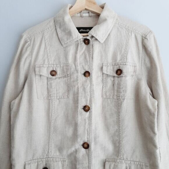 EDDIE BAUER 100% Linen Canvas Button Down Jacket Utility Light Beige Sz L - Picture 2 of 13